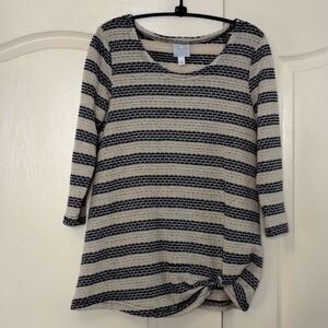 SUNDAY blouse top medium  blue cream stripe texture twist bottom elbow sleeve